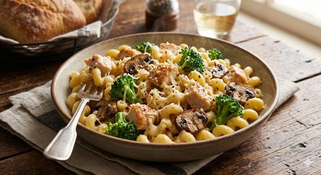 Pasta con pollo, champiñones y brócoli en salsa cremosa de queso